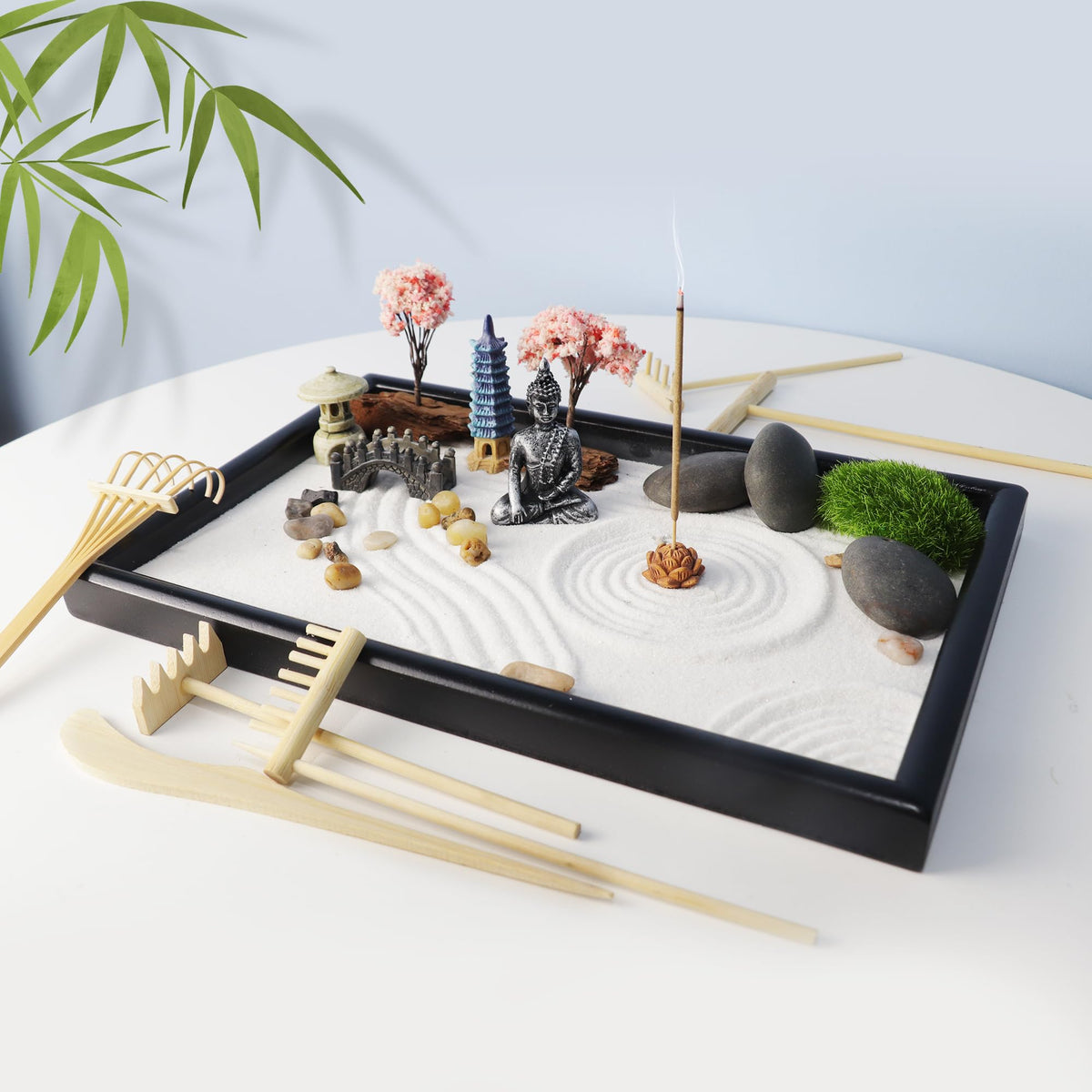 Zen Garden Kit for Desk Japanese Sand Box Meditation Office Decor (Black)