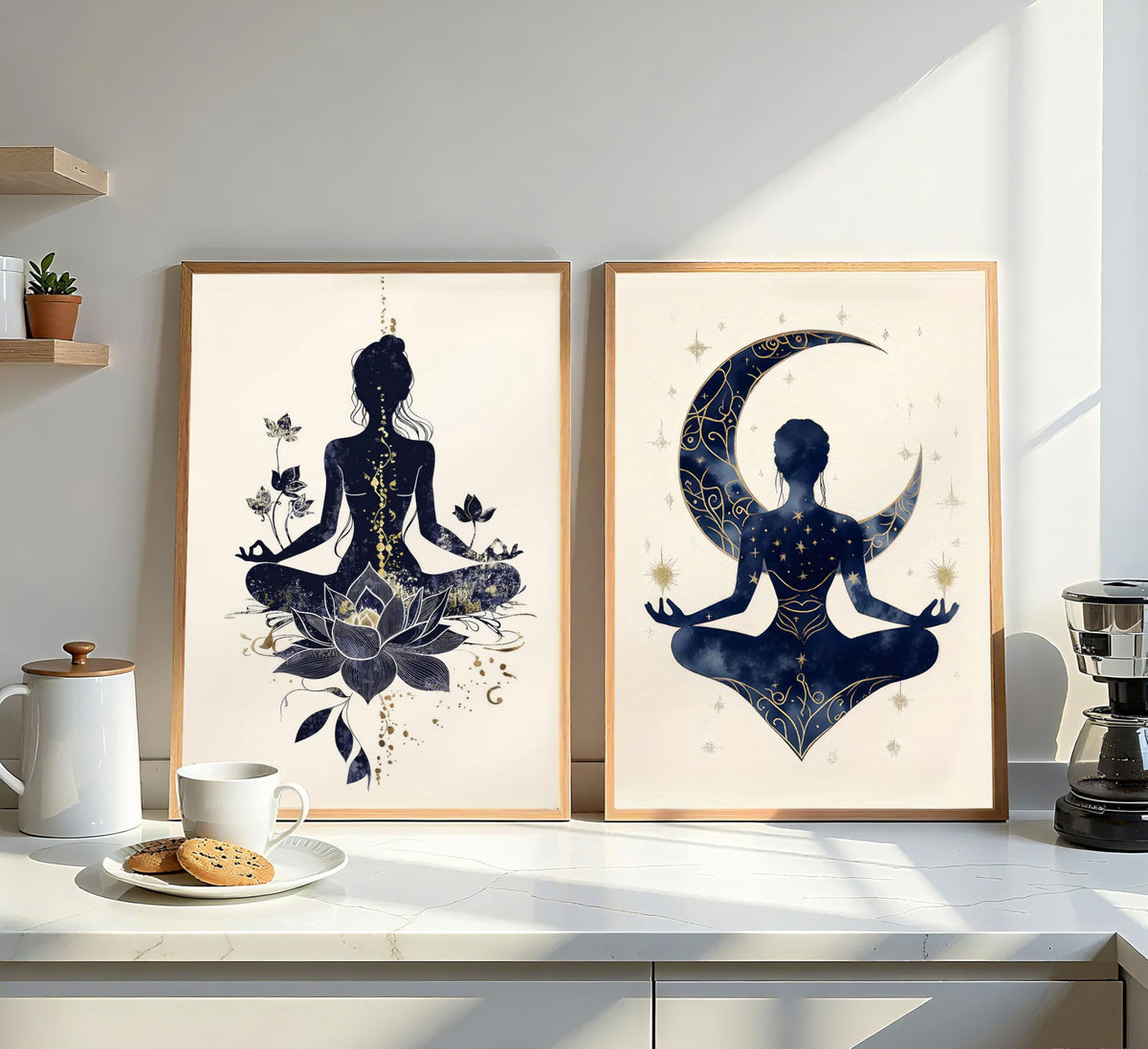2Pcs Celestial Yoga Lotus Moon Canvas Wall Art (posters / 16"L x 24"W)