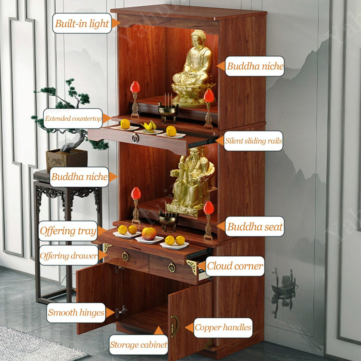 Multifunction Meditation Altar Table with Drawer and Shelf (Cherry(open) / 32"Lx18"Wx78"H)