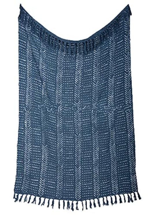 100% Cotton Block Printed Vintage Throw Blanket Designer Mudcloth Blanket Handloomed Hand Hand Dyed Blanket with Tassels for Sofa Decor Cover Home Decor (Dark Grey / Snow (120 x 170 Cms))
