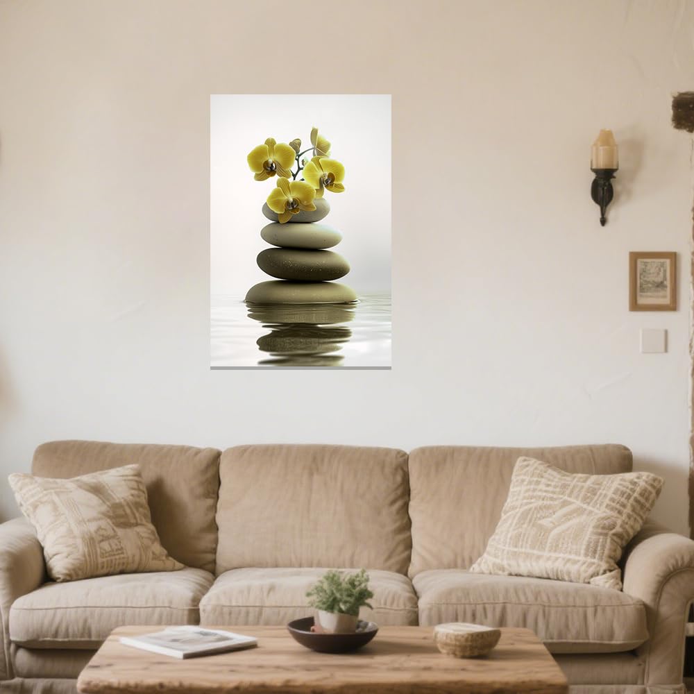 Zen Wall Art Stones Picture Orchid Canvas Painting Yellow Zen Water Prints Spa Bathroom Decor Meditation Yoga Room Office Home Framed (Yellow / 16" x 24")