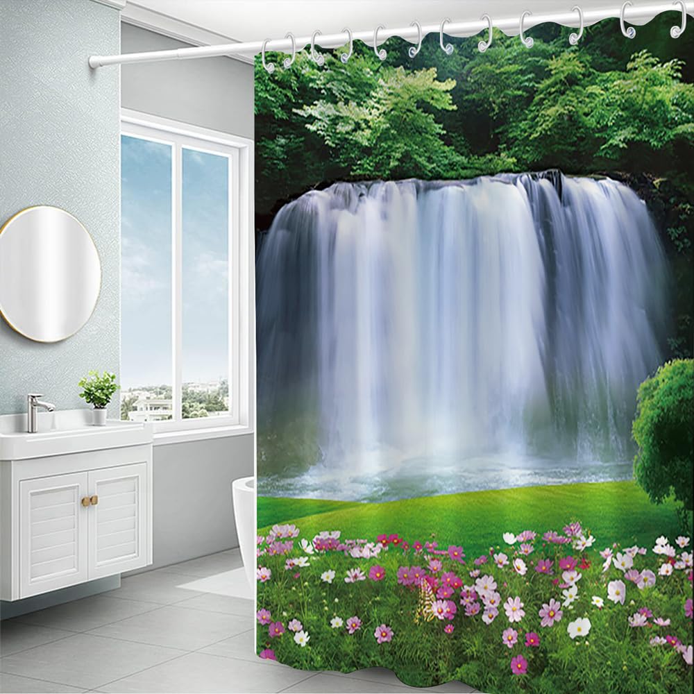 Spring Scenery Shower Curtain Set Decor Forest View Magnificent Waterfall Landscape Natural Scecery Green Leaves Grass Pink Floral Bath Curtain for Bathroom Decor with Hooks (72"W x 84"L (Pack of 1) / Green03)