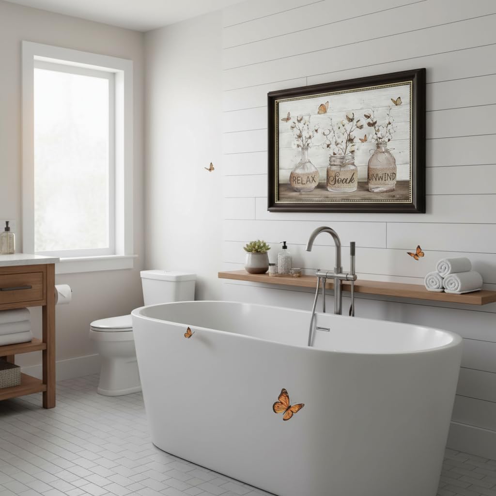 Dark Brown Framed Farmhouse Bathroom Canvas Wall Art Rustic Cotton Butterfly in Bottles Poster Artwork Country Relax Soak Unwind Sign Painting Picture Wall Decor for Bathroom Home Decoration 9x11in (Bathroom Mason Jar / 11"L x 9"W)