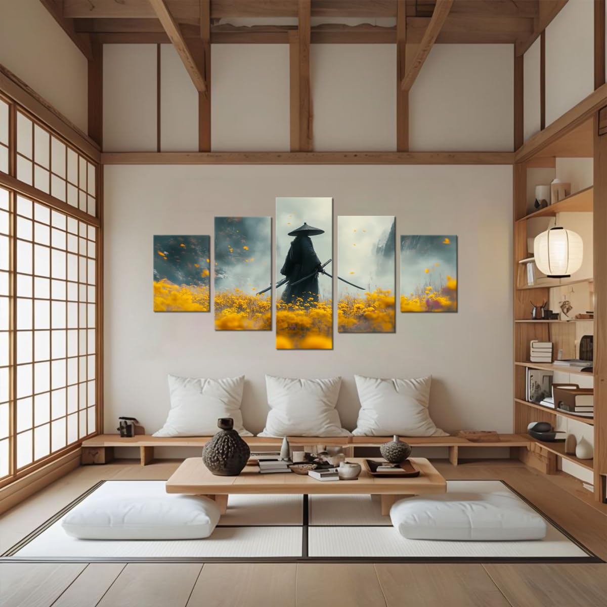Japanese Samurai Wall Art Warrior Pictures Wall Decor Abstract Canvas Print Artworks for Living Room Bedroom Office Bathroom Master Yellow Framed 5 Piece (60"Wx40"H / Samurai 5P-8)