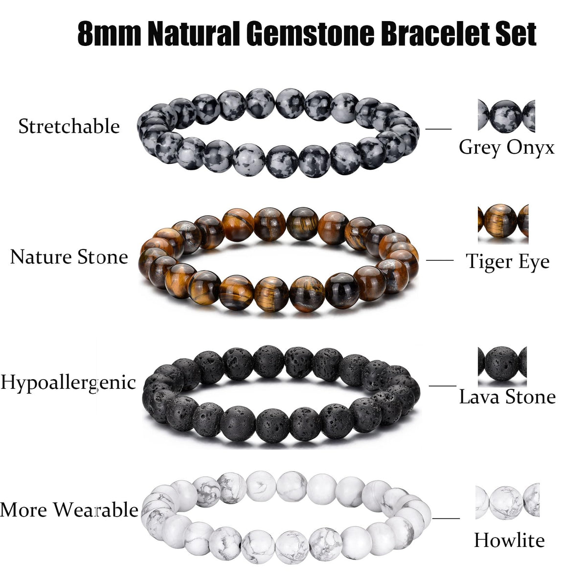 Mens Bracelets 8MM Natural Stone Beads Bracelet Set Stretch Adjustable Beaded Bracelets for Men (4,black,white)