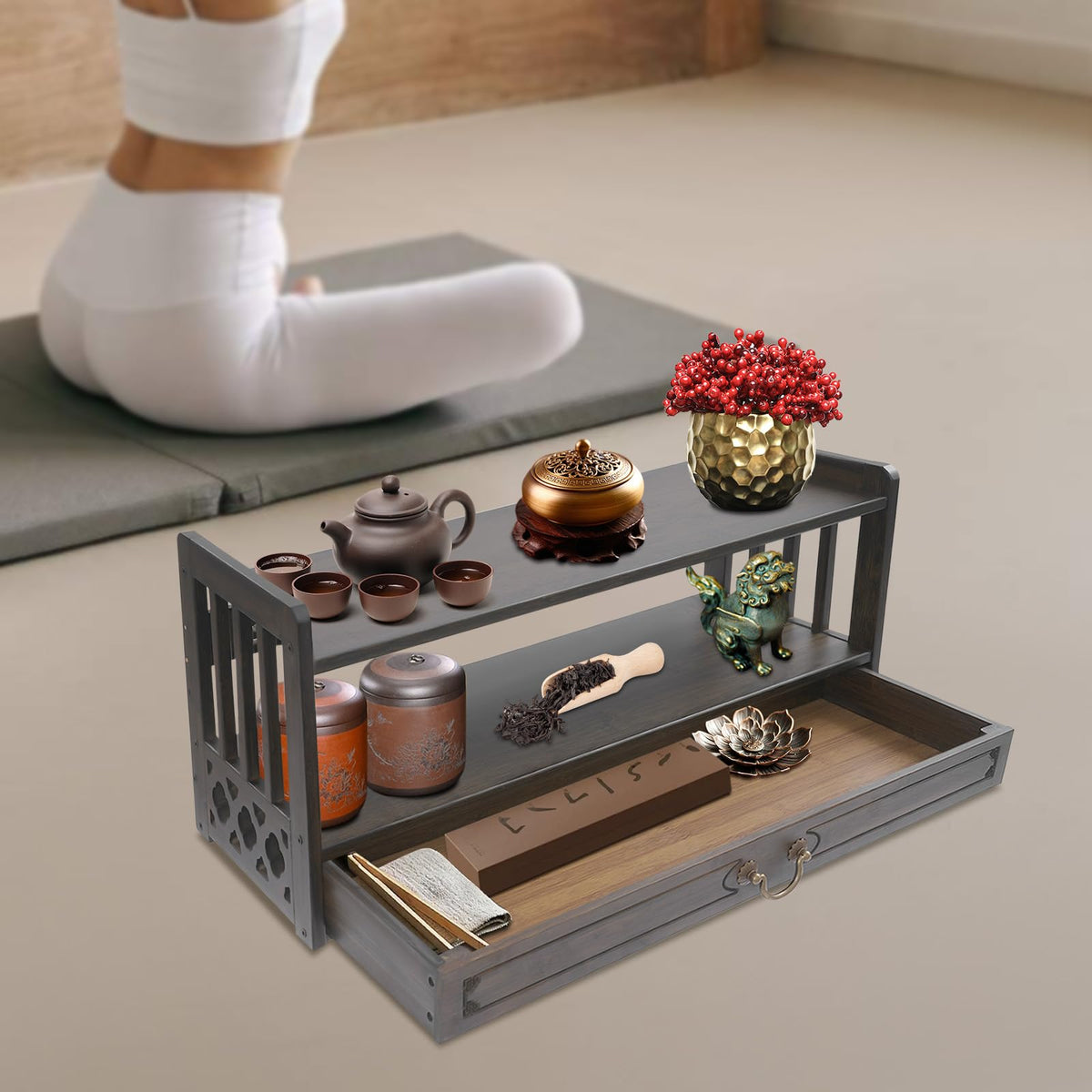 Storage Tables Altar Table with Drawer Meditation Table Bamboo Puja Tables Chinese Style Desk for Meditation (27.2*9.8*11in / Walnut Color)