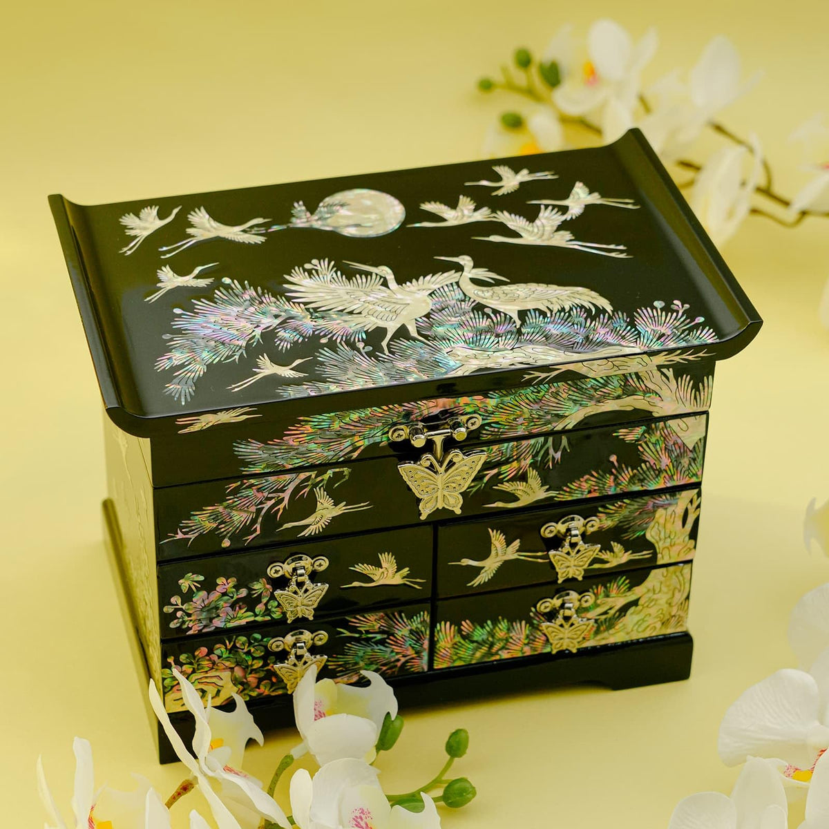 Mother of Pearl Wooden Jewelry Organizer Box (Crane_Black)