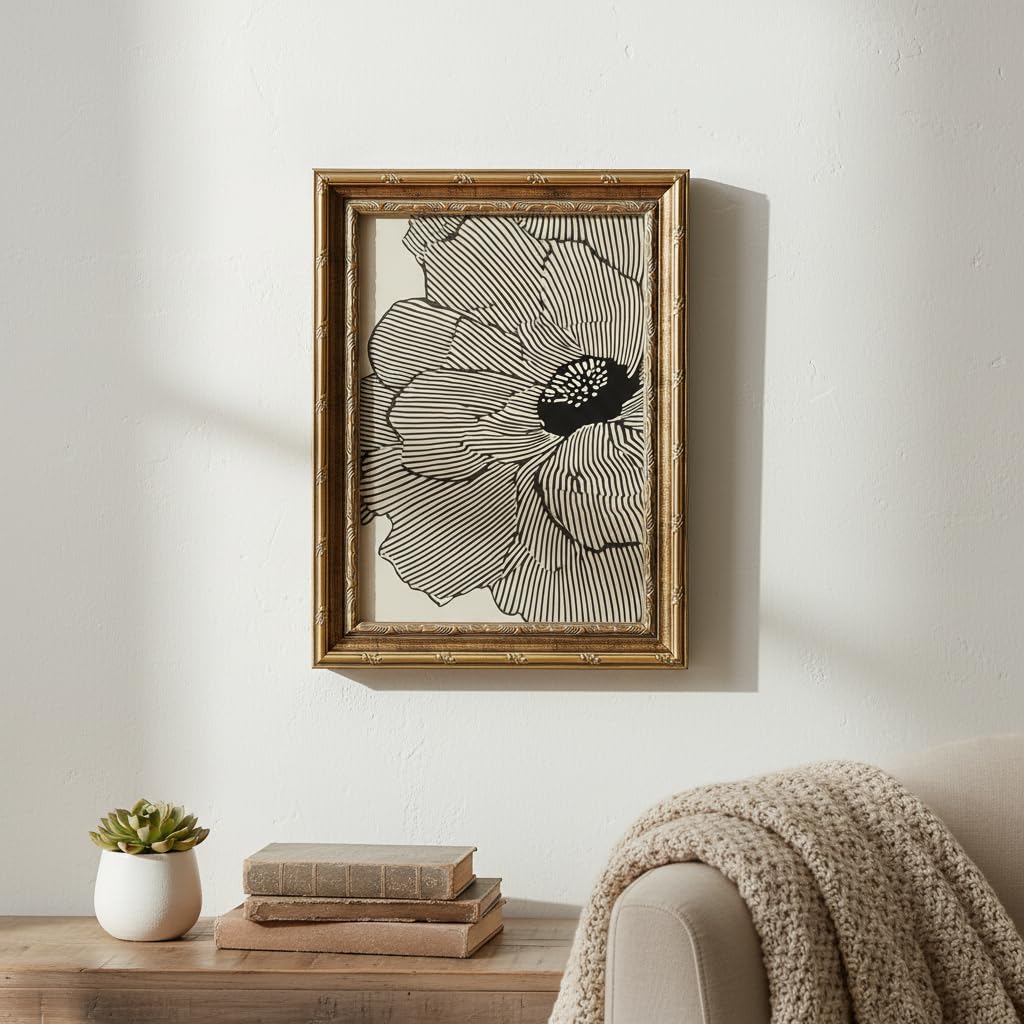 Vintage Gold Framed Wall Art (Linear Floral / 24"L x 16"W)