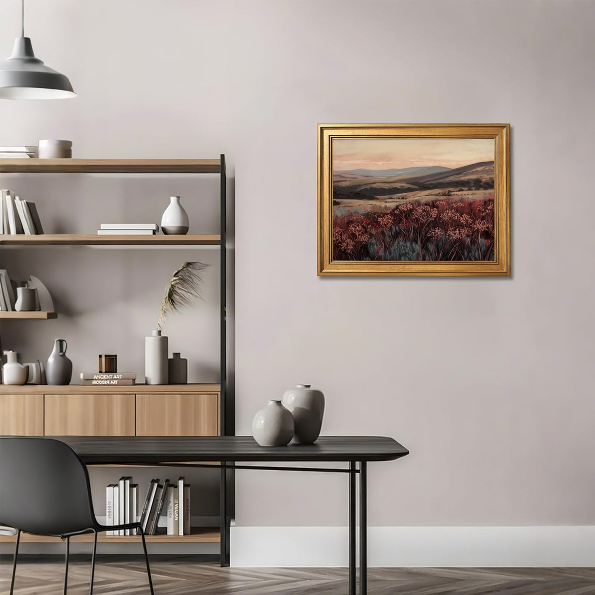 Sunset Landscape Poster Wall Art Canvas Print Rustic Meadow Hill View Wall Decor Warm Earth Tone Nature Painting For Living Room Bedroom Office24X36inchGolden frame (23.6"L x 35.4"W / style-3)