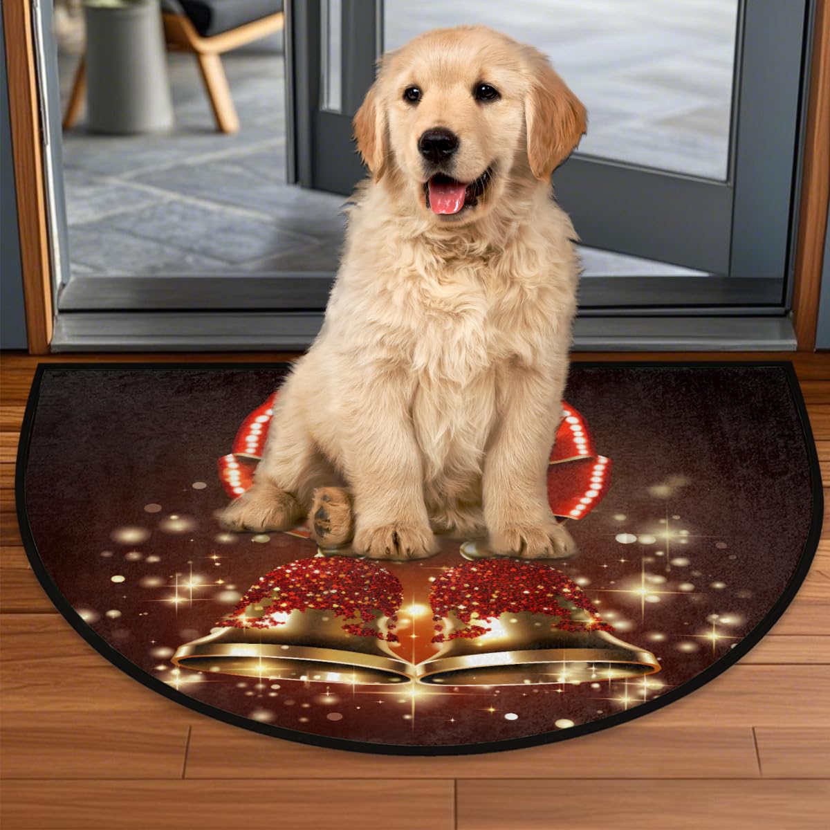 Christmas Red Bells Xmas Half Round Door Mat Outdoor Entrance Large 24"x36" Half Circle Welcome Entrance Way Mat Semi Circular Front Door Mat Area Rug for Garage (G 02)