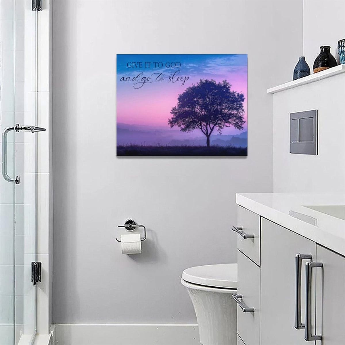 Bedroom Wall Art Give it to God and Go to Sleep Sign Wall Decor Christian Canvas Prints Painting Purple Tree Bathroom Pictures Framed Artwork Gifts Home Decorations 16"x12" (16"L x 12"W / Purple Tree)
