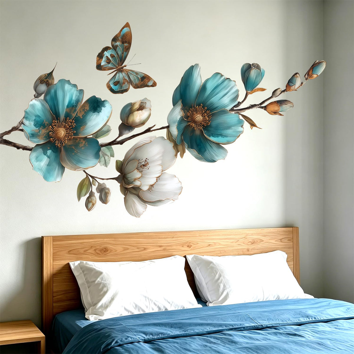 Teal Blue Flower Wall Decals with Butterfly (Vintage, Elegant, Botanical, Chinoiserie, Art Deco, Traditional, Contemporary, Rustic)
