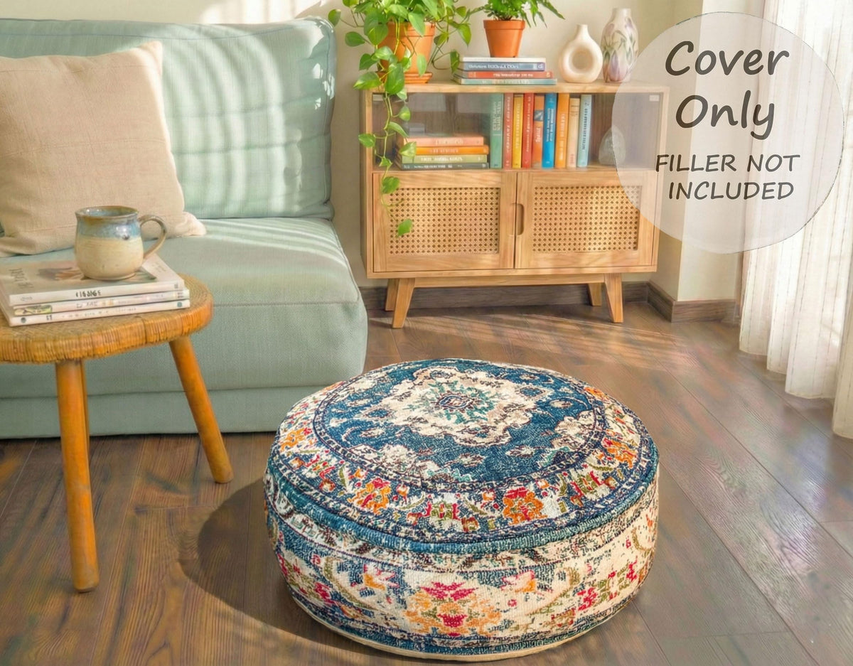 Moroccan Floor Pillow Cover Blue Round Floor Cushion Boho Room Décor Moroccan Seating Area Perfect Pouf Ottoman for Living (24x8 Cover Only / Blue)