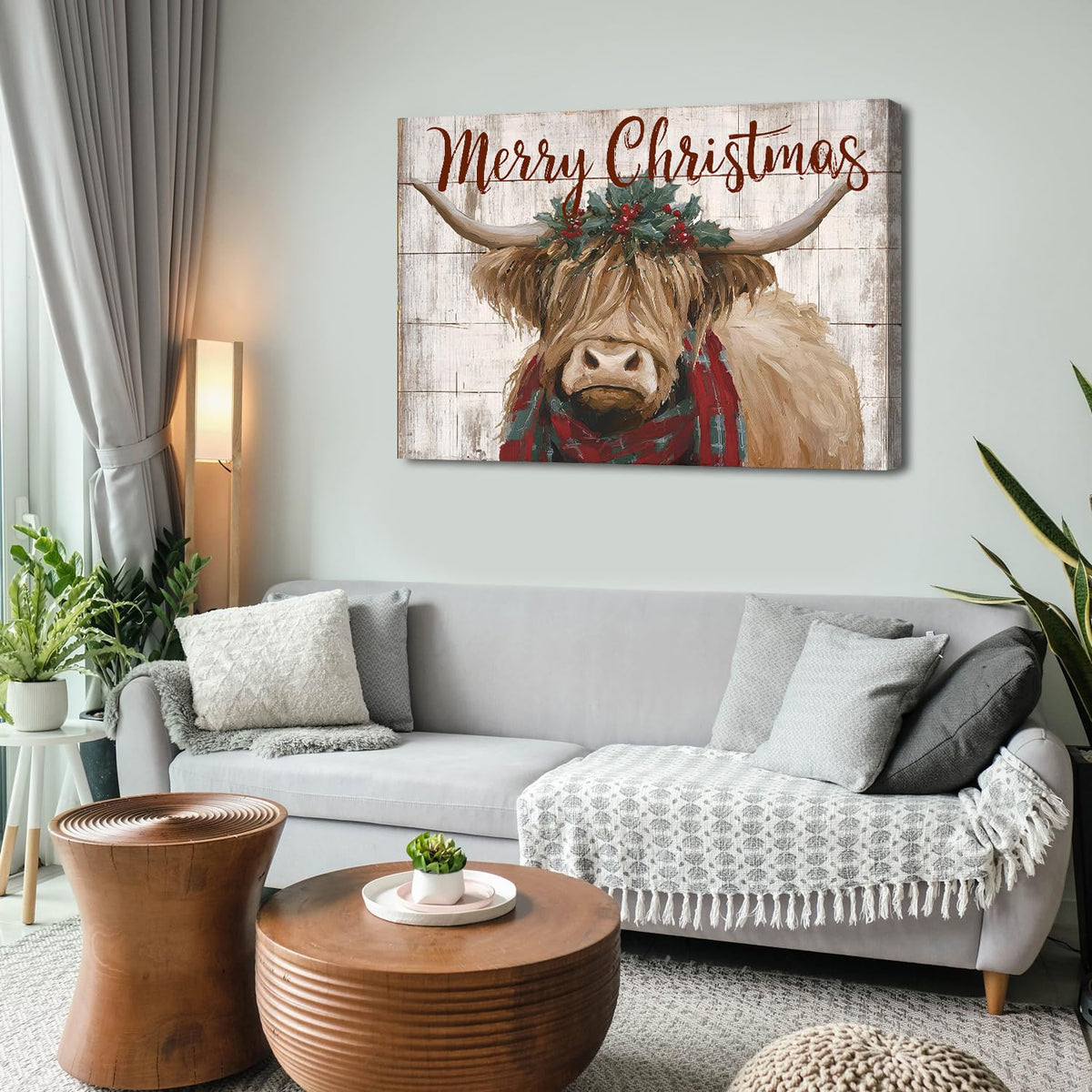 Merry Christmas Wall Art Farmhouse Highland Cow Pictures Wall Decor for Living Room Rustic Country Farm Animal Canvas Prints Vintage Christmas Artwork for Kitchen Dining Room Home Decorations 32x48" (48"L x 32"W / Xmas Cow)