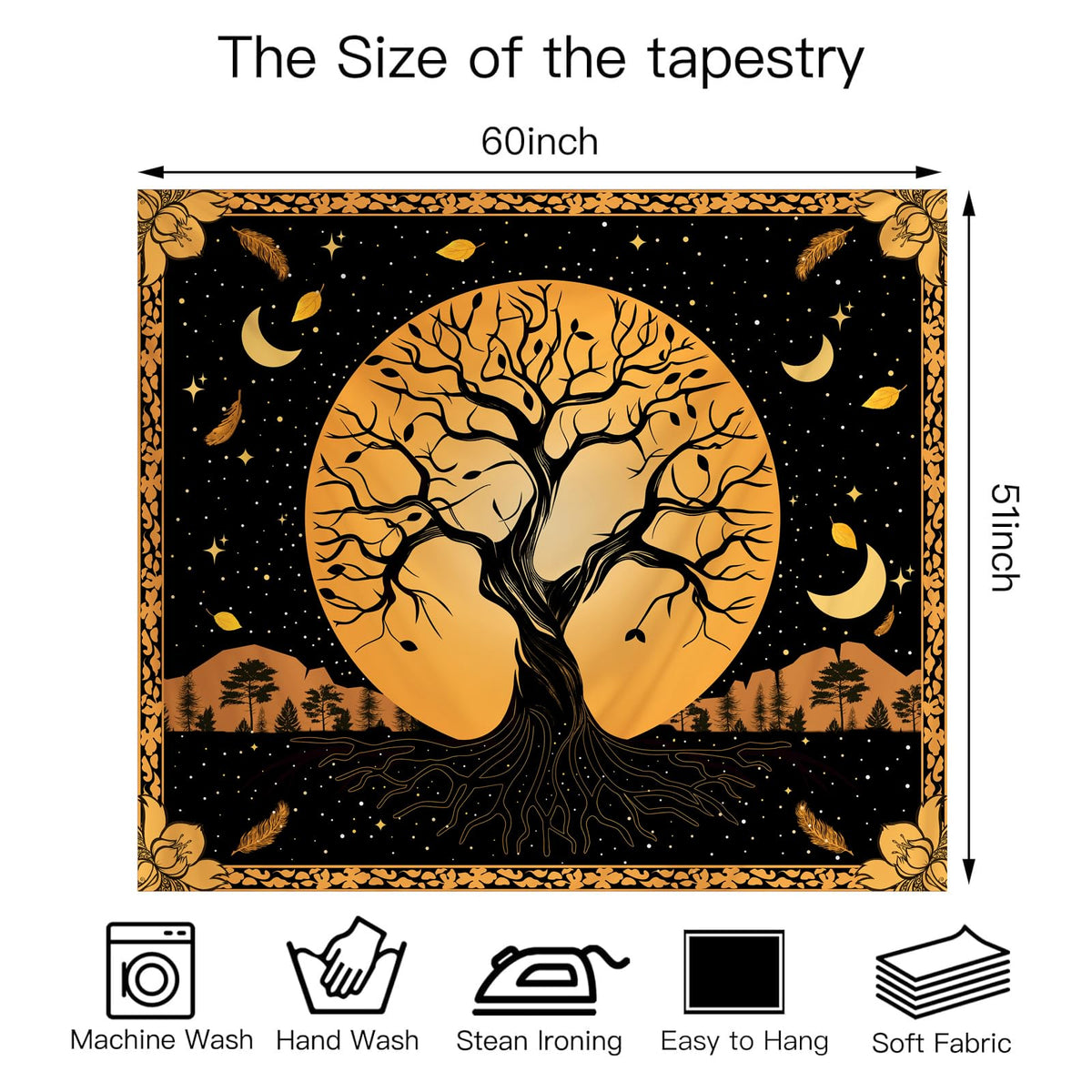Tree of Life Tapestry for Bedroom Aesthetic (Orange Tree of Life Tapestry / 60"L x 51"W)