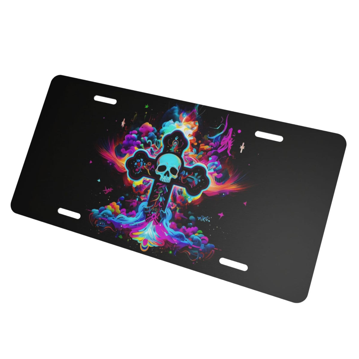 Colorful Cross Clouds Psychedelic Gothic Skull Front License Plate Aluminum Decorative License Plates Metal Car Plate 6"X12" Novelty Vanity Tag Cover with 4 Holes Car Decor Accessory (Yellow / 6 X 12 Inch)
