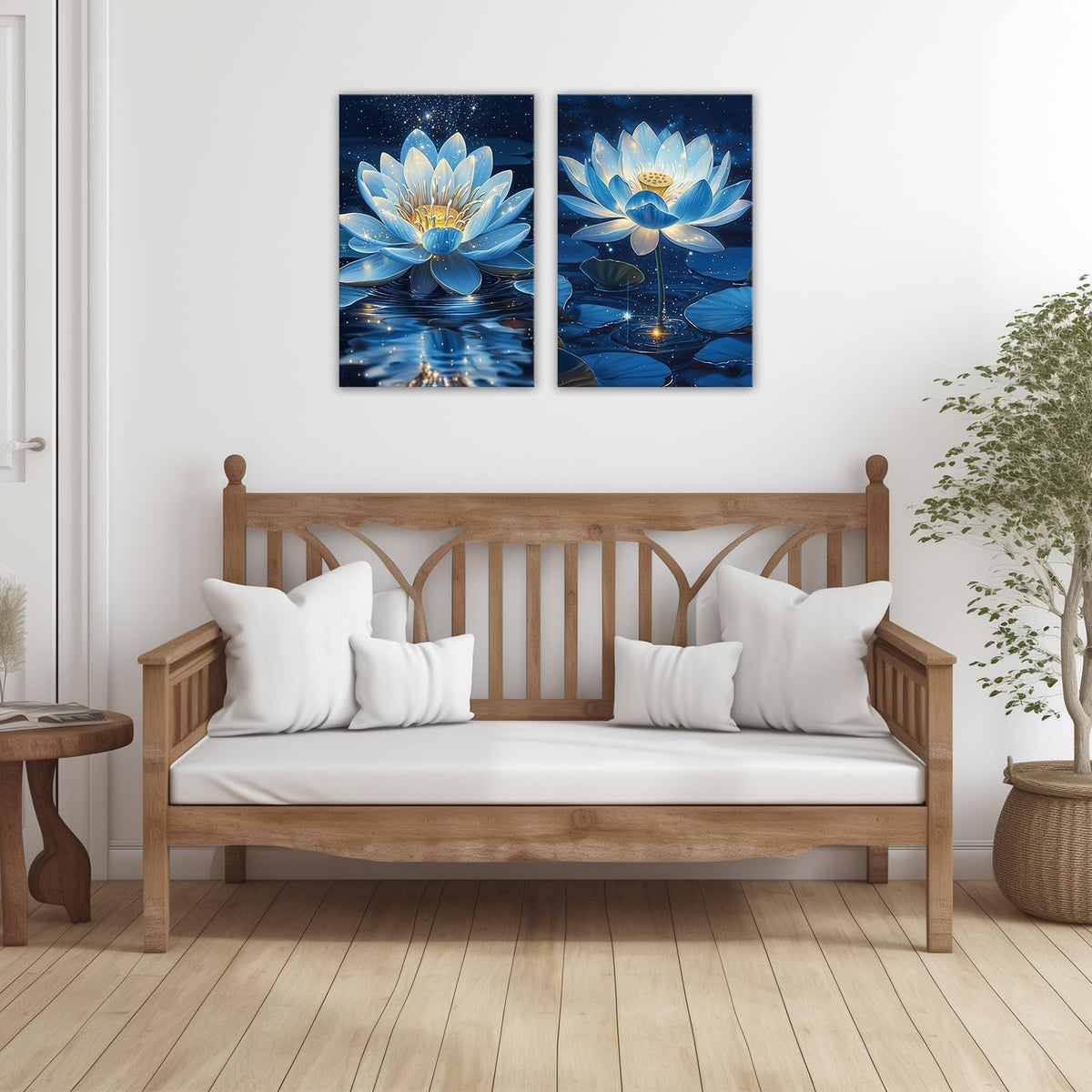 Blue Lotus Floral Wall Art 2 Panel Blooming Zen Flower Pictures Print Nature Inspired Decor for Living Room Bedroom Yoga Room (Artwork-5 / 20"x30"x2pcs)