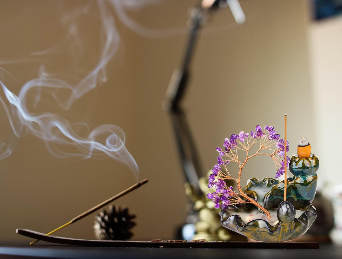 Incense Holder Ceramic Backflow Incense Waterfall Burner Amethyst Crystal Tree with 30 Burner Incense Cones for Room Home Zen Decor Meditation (Amethyst)