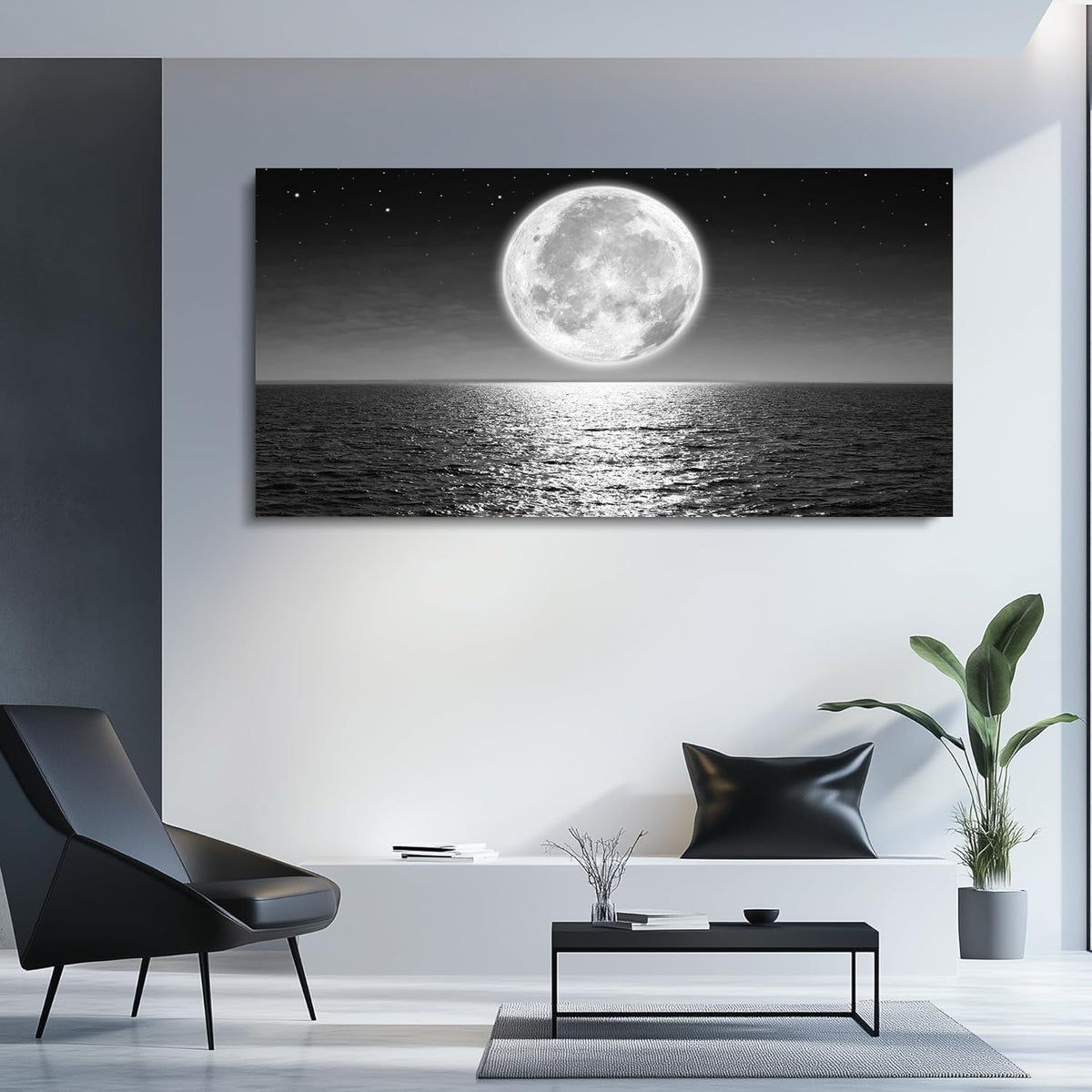 Black and White Wall Art Full Moon Sea Beach Canvas Wall Art Coastal Paintings Ocean Posters Landscape Picture Print Office Artwork for Large Living Room Decor Bedroom Home Décor Framed (2SeaMo05 / 48"L x 24"W)