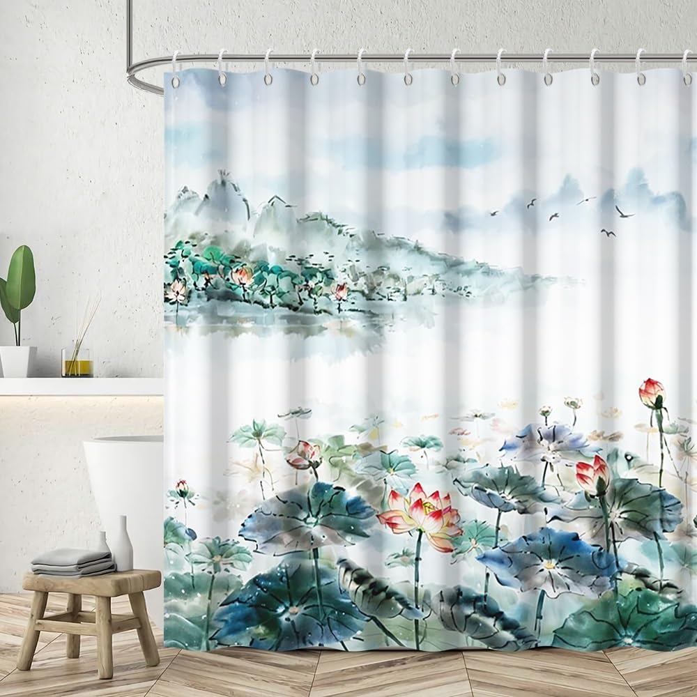 Watercolor Lotus Shower Curtain Flower Plant Mountain River Wild Goose Bathroom Curtains Chinese Pastoral Landscape Ink Painting Lotus Green Decorative Fabric Shower Curtain Set with Hooks 54x72 Inch (54"W x 72"L (Pack of 1) / Green-12)