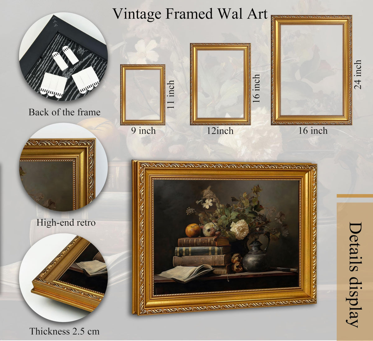 Vintage Gold Framed Wall Art Moody Victorian Books Canvas Wall Decor Dark Academia Bookish Posters Prints Wildflowers Library Painting Pictures for Gallery Library Bookstore Decoration 9x11 Inches (Moody Books Framed / 9"L x 11"W)