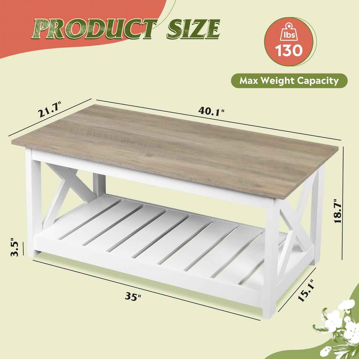 Farmhouse Coffee Table for Living Room (Natural White)