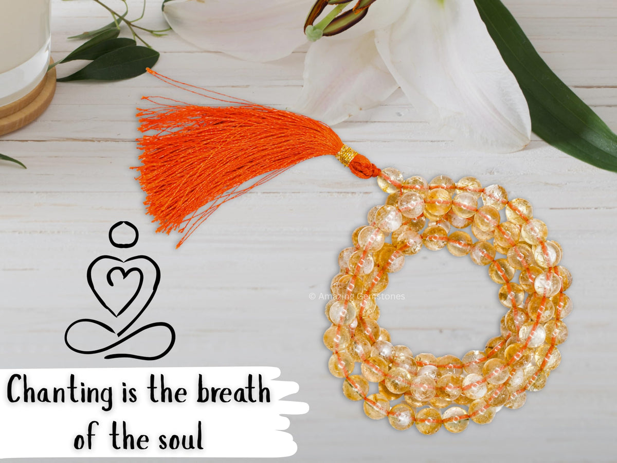 Citrine Buddhist Prayer Beads Japa Mala with 108 Meditation Beads (Without Knots / Citrine)