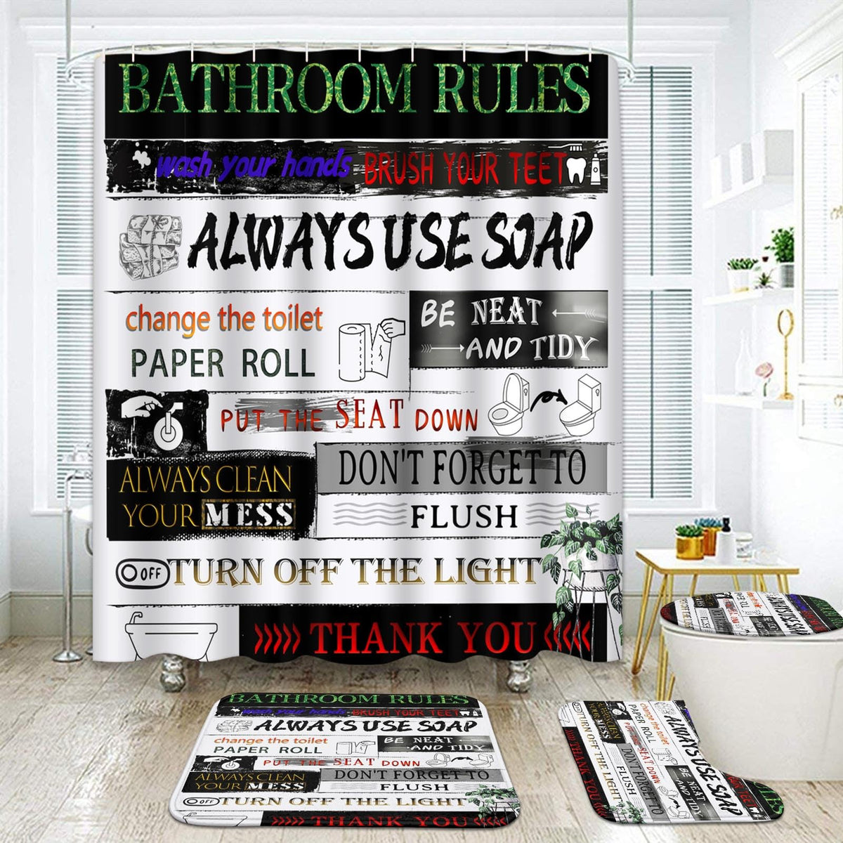 Bathroom Sets with Shower Curtain and Rugs Set of 4 Colorful (Bathroom Rules)