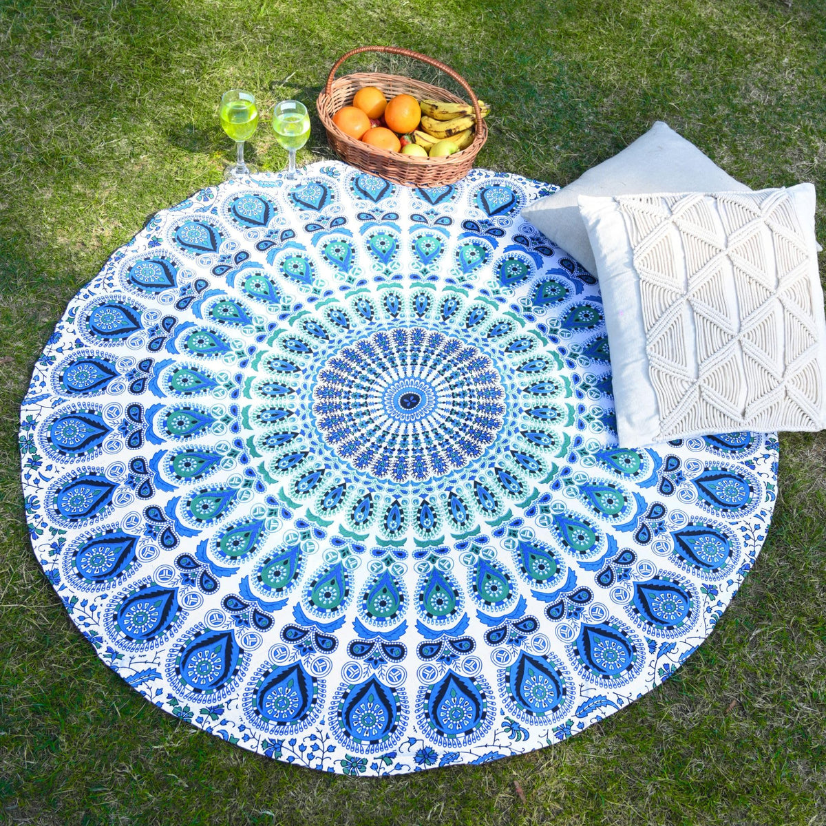 Ombre Mandala Tapestry 48 Inch Round Pure Cotton Table Cloth Hippie Decorative Trippy Tapestries Bohemian Boho Indian (Sky Blue / 48"L x 48"W)