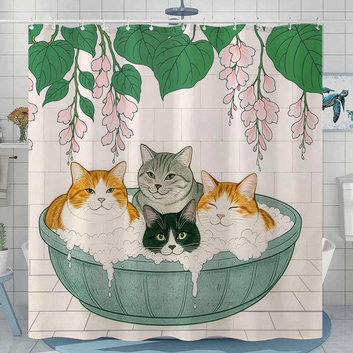 Adorable Cats Shower Curtain Set Cozy Plant Pot Design Waterproof Bathroom Shower Curtain Cute Feline Group Print Charming Home Decor 72x72 Inch (72"W x 72"L (Pack of 1) / Alabaster White)