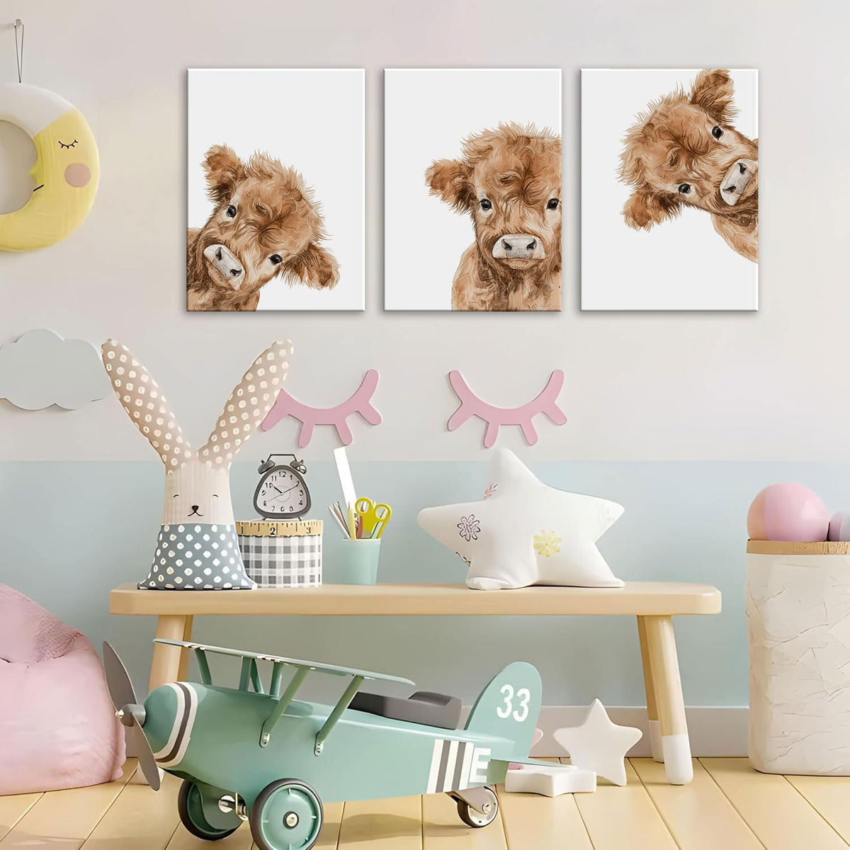 3 Piece Cute Highland Cow Canvas Wall Art Nursery Funny Animal Framed Wall Art Baby Cow Pictures Wall Decor Kids Animals Art Prints for Children's Room Bedroom 12"x16" (Highland bull / 12x16in)