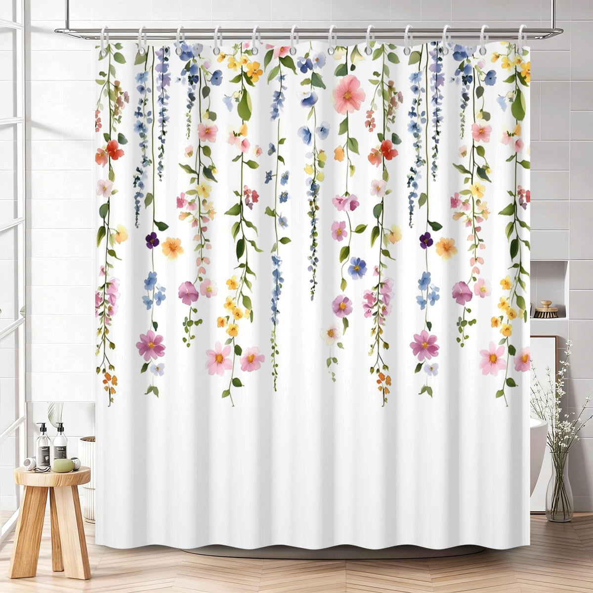 Drooping Flowers & Leaf Print Shower Curtain with Rings (Hanging Flower)