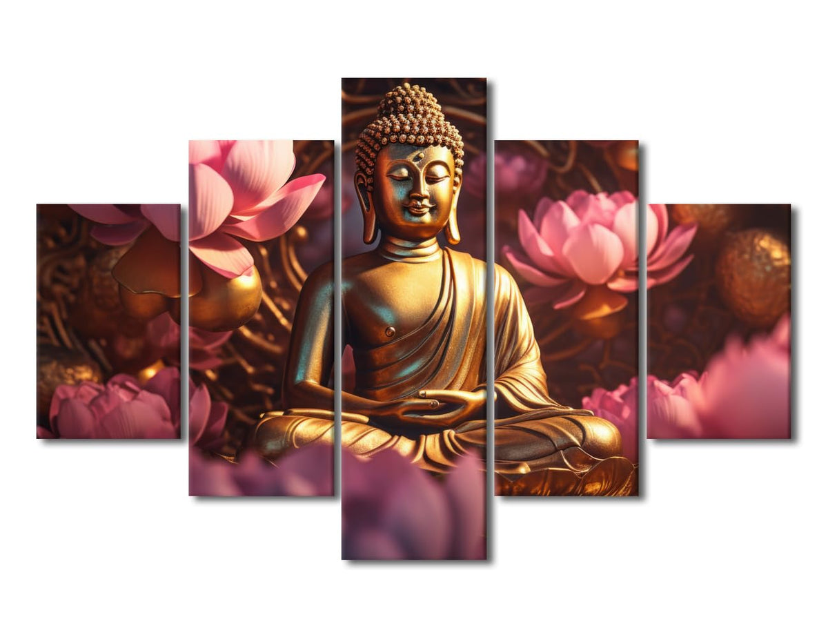 Buddha Canvas Wall Art Decor Modern Living Room Canvas Art Buddha Statue Surrounded By Flowers Poster Prints on Canvas for Bedroom Office Wall Decoration 5 Panel Stretched Ready to Hang 60x40 in (60x40 in / 5PANEL-19)