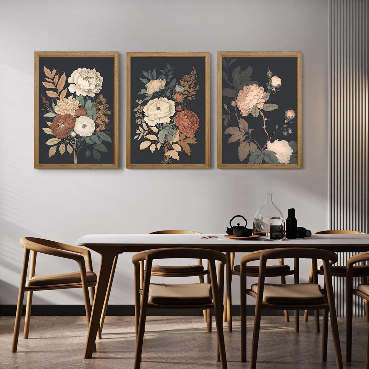 Vintage Flower Wall Art Dark Floral Canvas Wall Art Botanical Farmhouse Prints Black Flower Pictures Wall Decor Moody Floral Artwork Painting for Living Room Bedroom 16x24 Inch Wood Framed Set of 3 (Vintage Flower Prints Art / 16x24 Inch Framed)