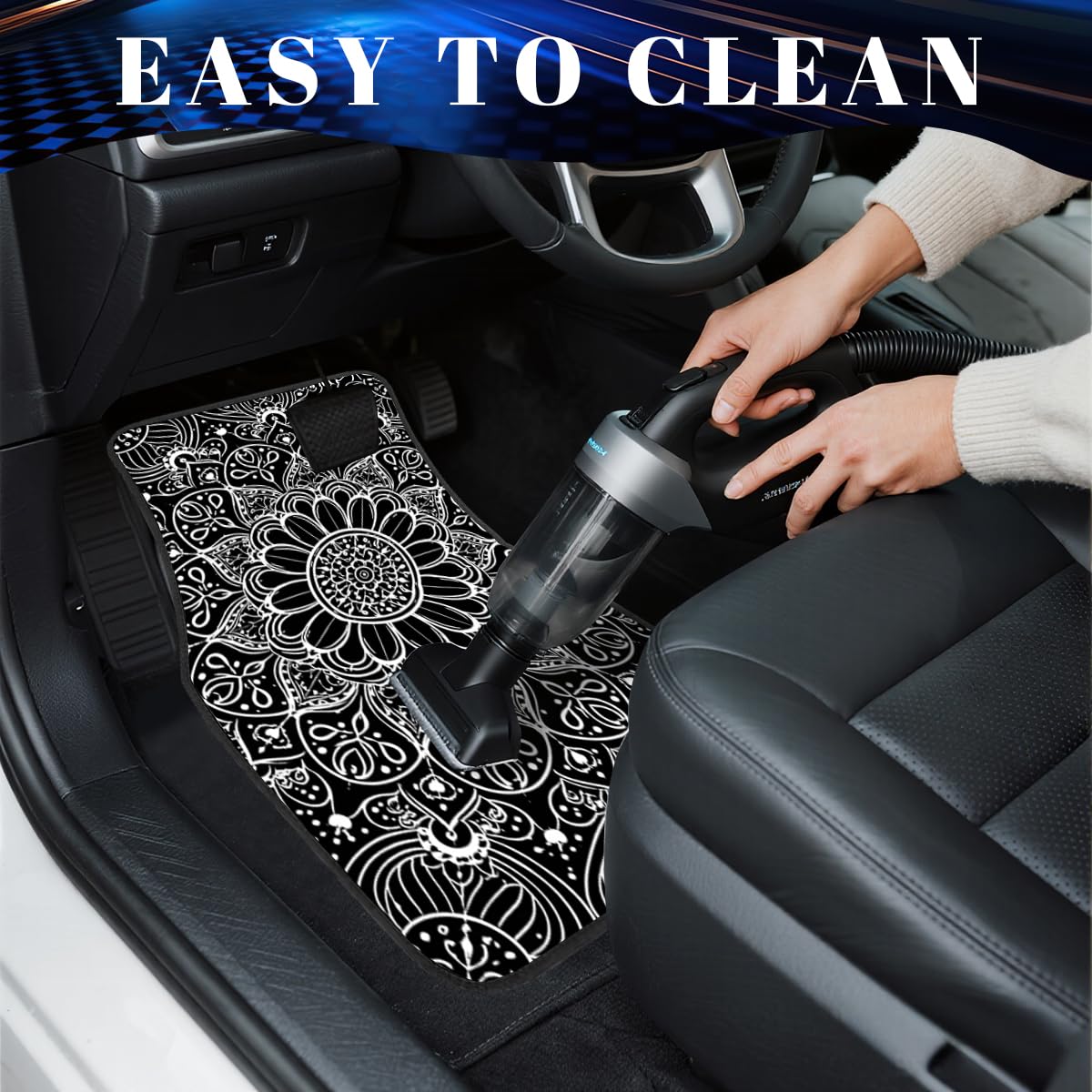 Mandala Car Floor Mats Set of 4 Black White Floral Boho Pattern Art Decorative Car Floor Carpets Front Rear Carpets Mat Non (26.8"L x 17.3"W x 0.2"Th / Mandala)