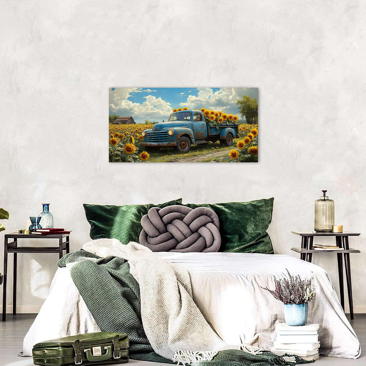 Sunflower Pictures Wall Decor Farmhouse Barn Truck Wall Art Sunflower Field Canvas Prints for Bedroom Bathroom Vintage Yellow Flowers Landscape Painting Artwork for Living Room Home Decorations 20x40" (40"L x 20"W / Sunflower)