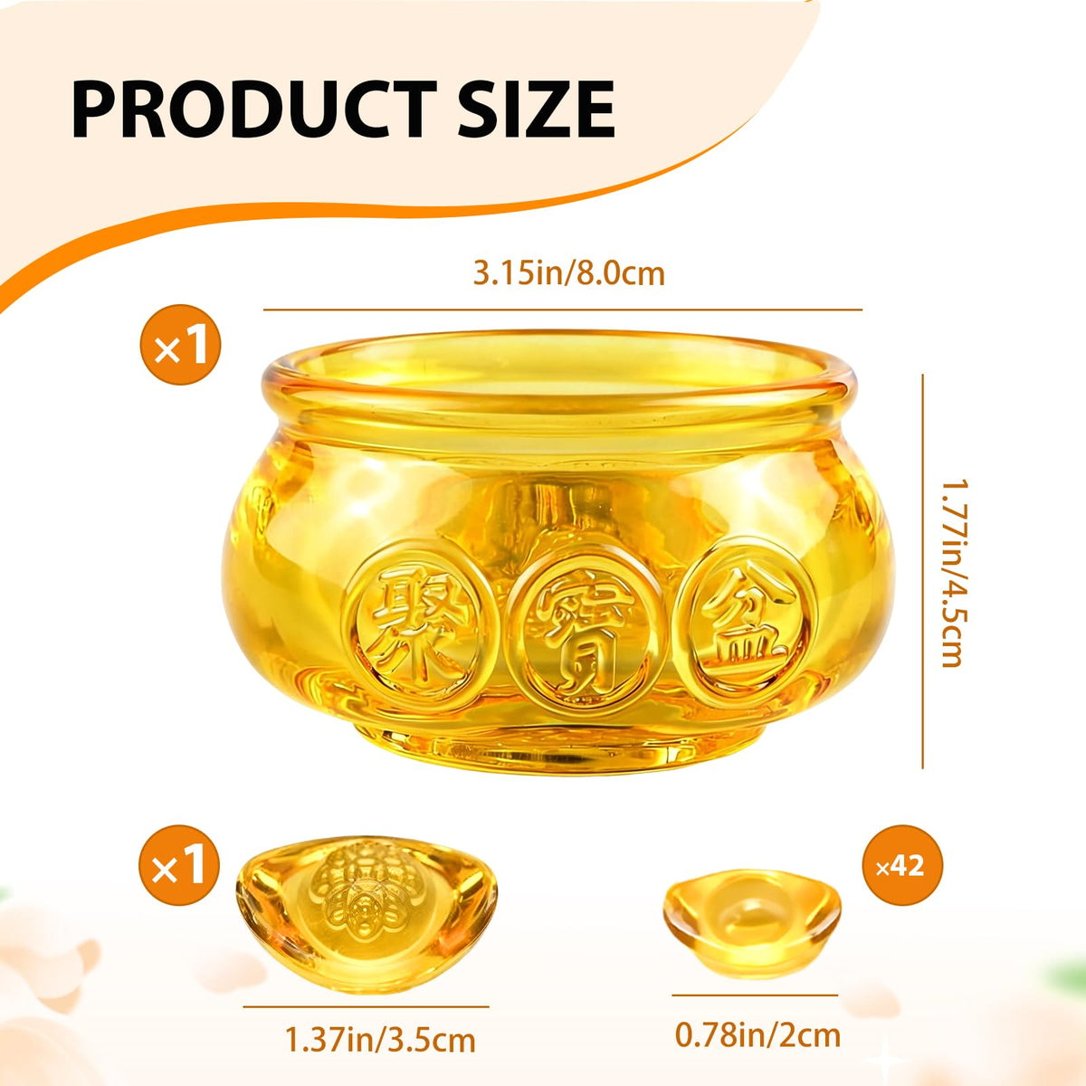3.15" Golden Feng Shui Wealth Bowl with 42 Crystal Ingots (3.15inches)