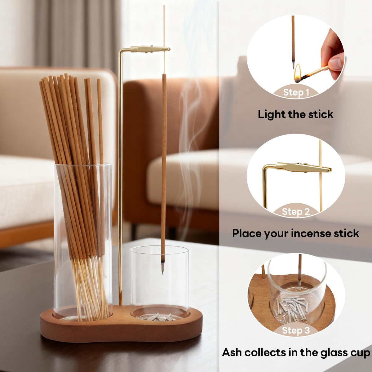 2-in-1 Incense Holder for Sticks, Incense Burner Holder with Glass Ash Catcher & Stick Storage, Bedroom House Yoga Meditation Zen Decor, Spa Gifts for Women, Unique Cozy Home Decor, Natural Wood (Natural Wood)