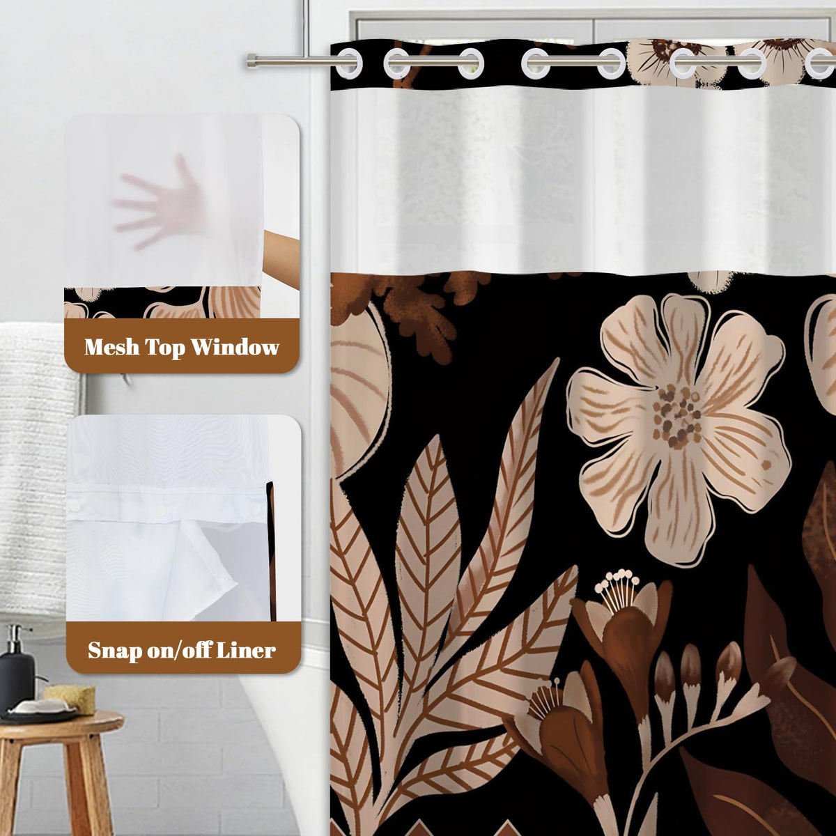 Dark Floral Shower Curtain No Hooks with Liner (Abstract-1)