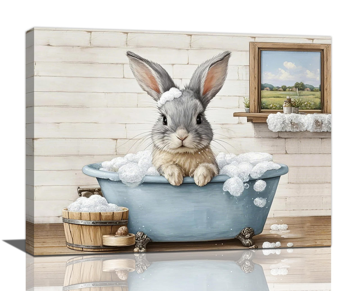 Farmhouse Bunny Bathroom Decor Wall Art Rabbit Pictures Canvas Prints Rustic Country Bathroom Painting Artwork Easter Decoration Framed Gifts for Women Girl Restroom Toilet 12"x16" (bunny / 16"L x 12"W)