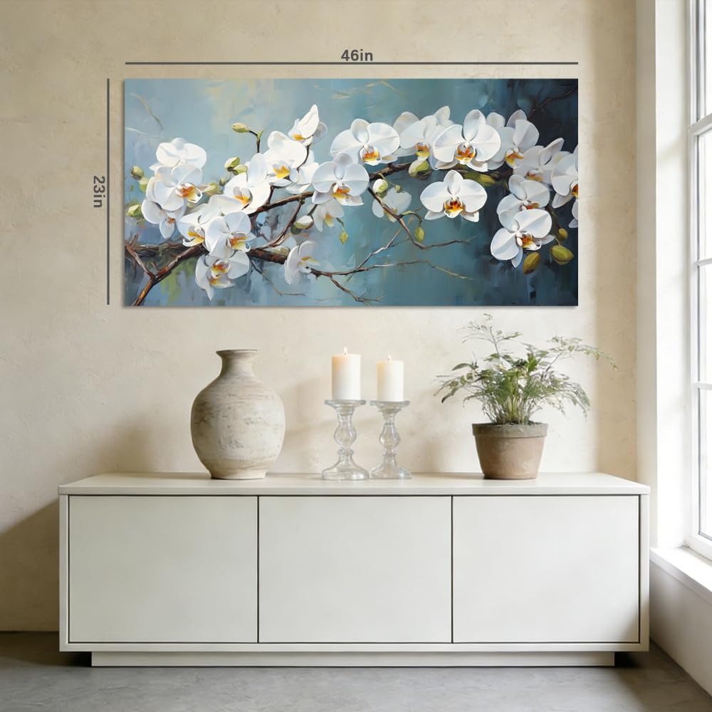 White Orchid Canvas Wall Art Floral Branch Painting Light Blue Background Flat Print Gallery Wrapped Botanical Artwork for Living Room Bedroom Bathroom Decor (Mysterious / White Orchid Blossom 30 / 58"L x 28"W)