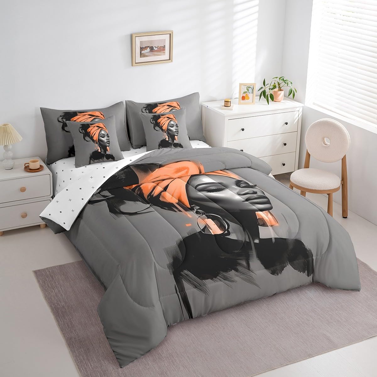 Black Women Comforter Set with Sheets King Size African American Woman 7 Piece Bedding Set All Season Teens Orange Abstract Bed in A Bag Breathable Soft Lightweight Modern Room Decor (Light Gray Orange / King)