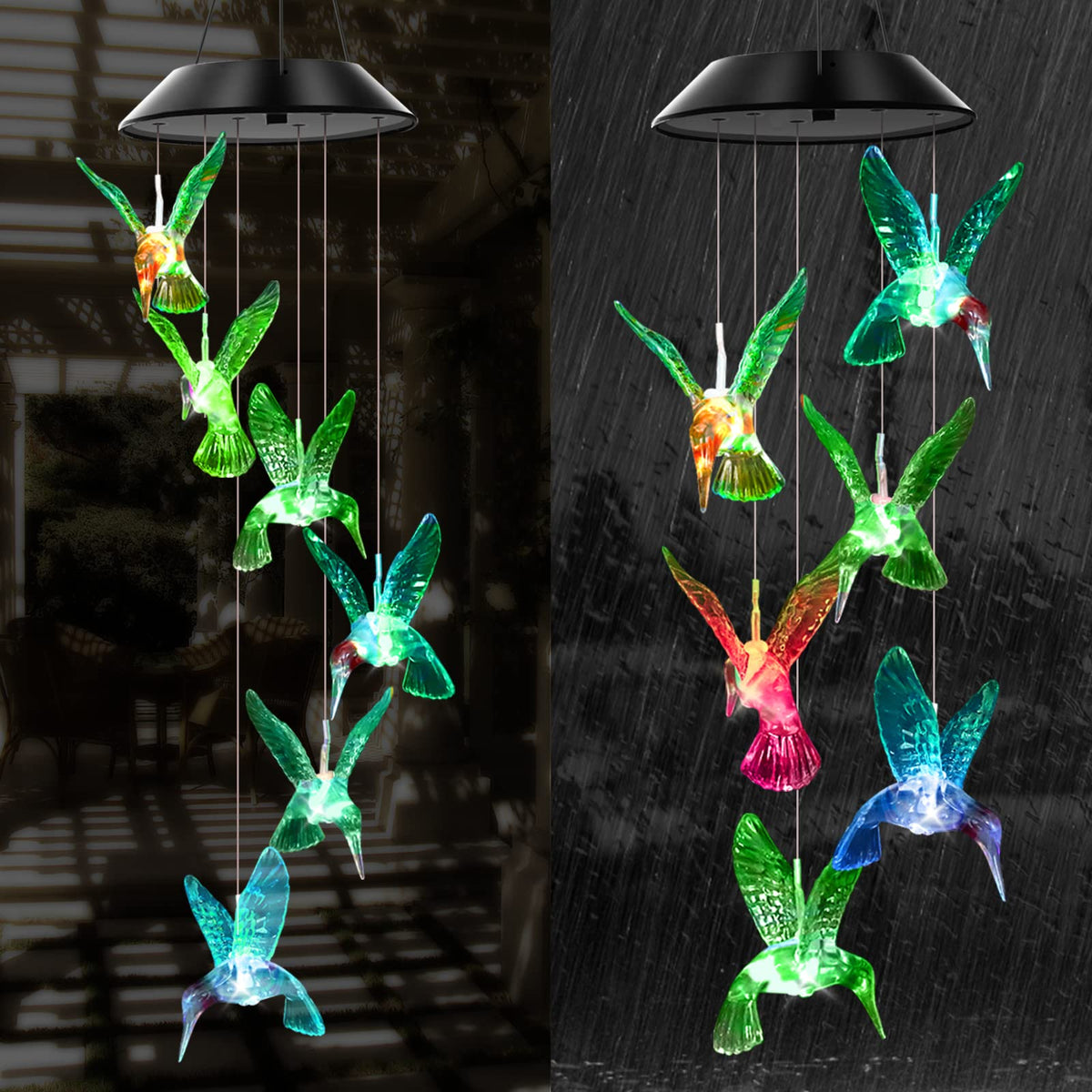 Green Hummingbird Solar Wind Chimes Color Changing Lights Outdoor