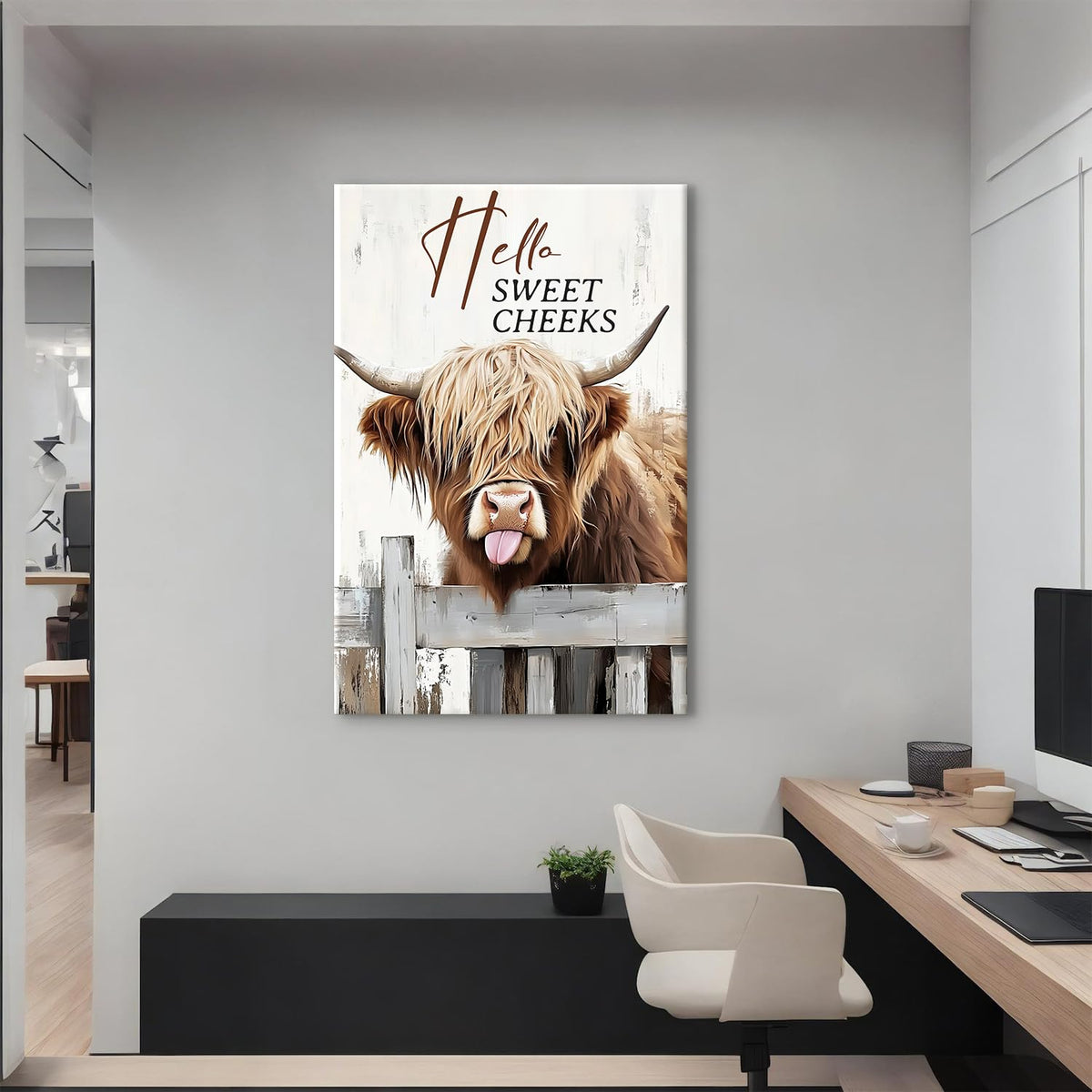 Large Funny Highland Cow Canvas Wall Art for Living Room Kitchen (48"L x 32"W / Funny Cow02)