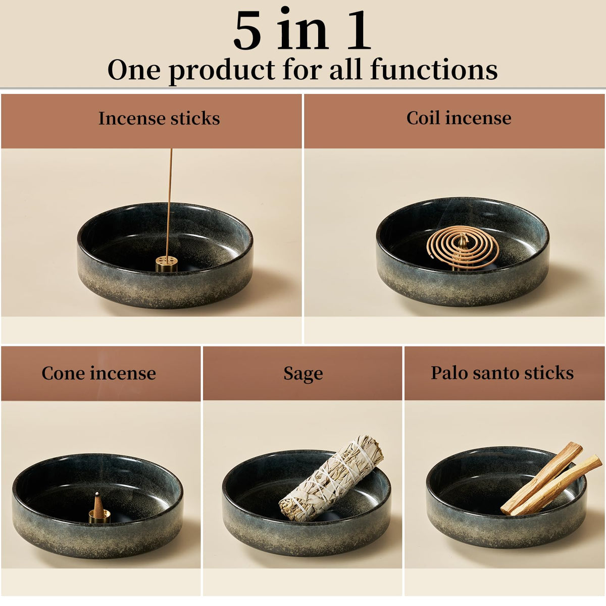6" Thickened Ceramic Incense Holder Burner Bowl for Sticks with 10 Holes (Black)
