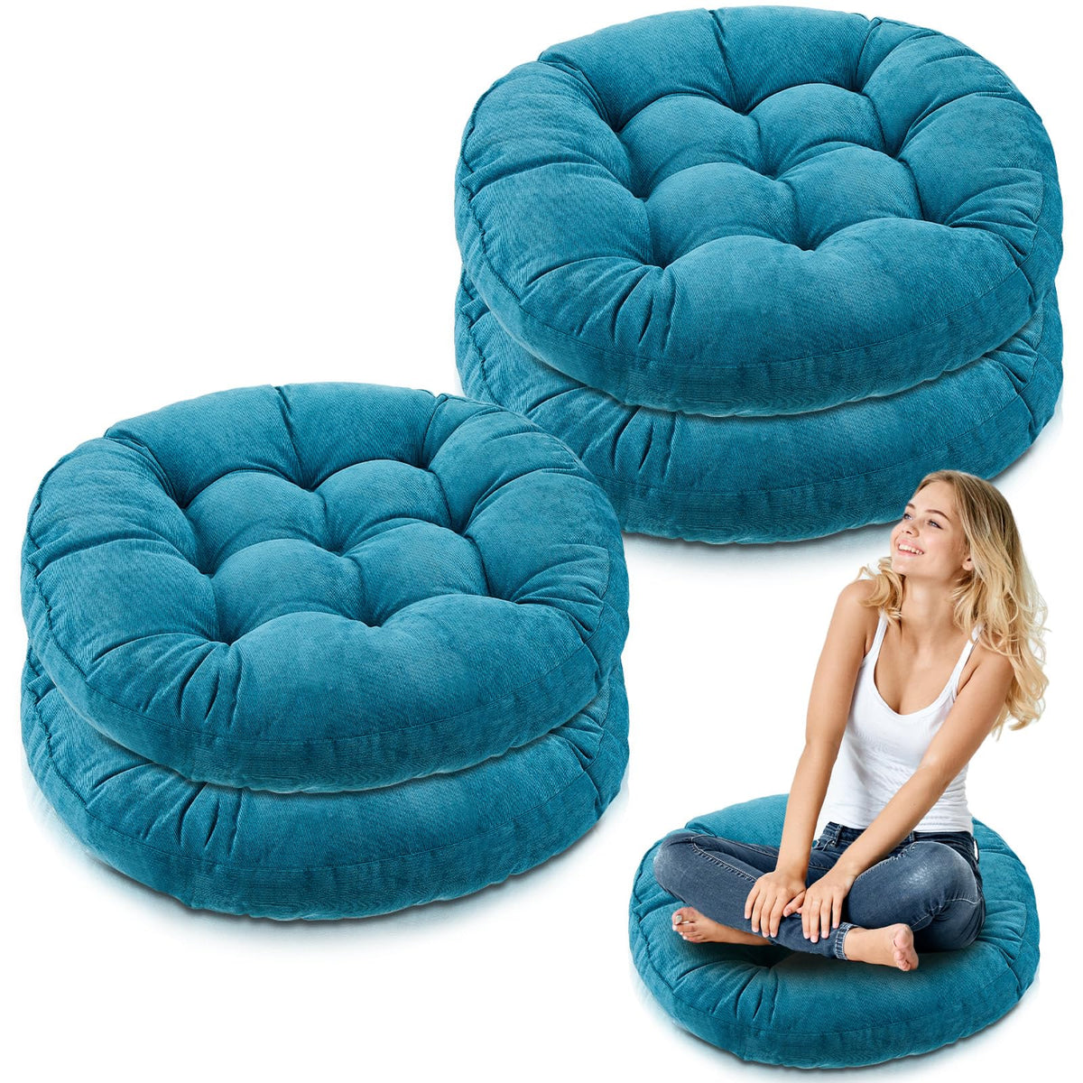 4 Pcs Aquamarine Large Floor Pillow Cushion (Round 22 x 22 / Aquamarine)