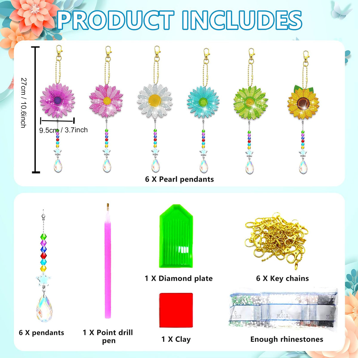 6 Pcs Daisy Diamonds Painting Wind Chimes Suncatcher Double Sided Flower Rhinestone Painting Wind Chime 5D DIY Crystal Diamond Painting Kits Paint by Number Hanging Ornaments Mom Gifts (Flower Daisy)