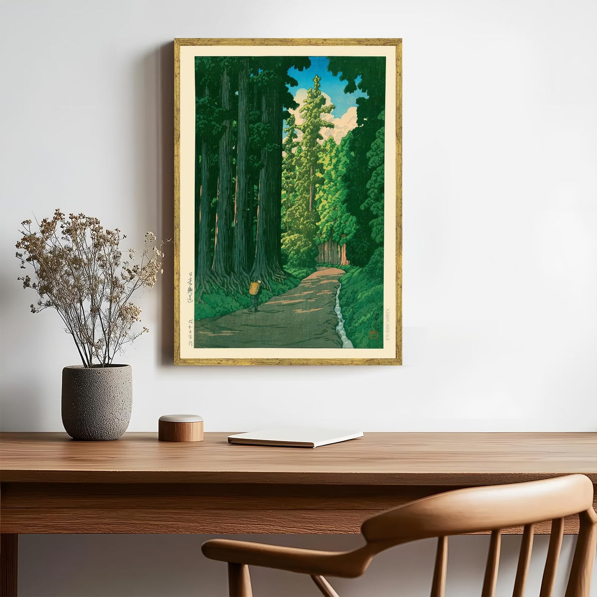 Gold Framed Japanese Forest Wall Art Road to Nikko Canvas Poster Vintage Asian Landscape Nature Painting Prints Janpan Style Garden Ukiyo (24"L x 36"W / Landscape - Gold Frame)