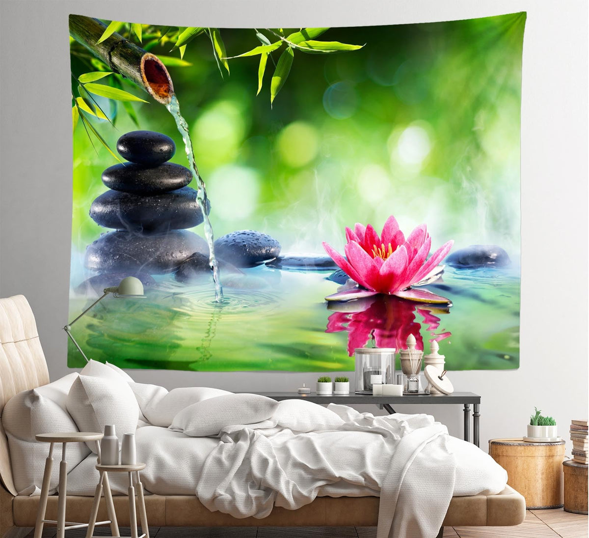 Zen Garden Tapestry 118''x78'' Green Bamboo Zen Stones Spa Water Lotus Flower Wall Hanging Tapestry Relaxation Bamboos Candles for Home Bedroom Living Room Dorm Decor (118"L x 78"W / T1-A18416)