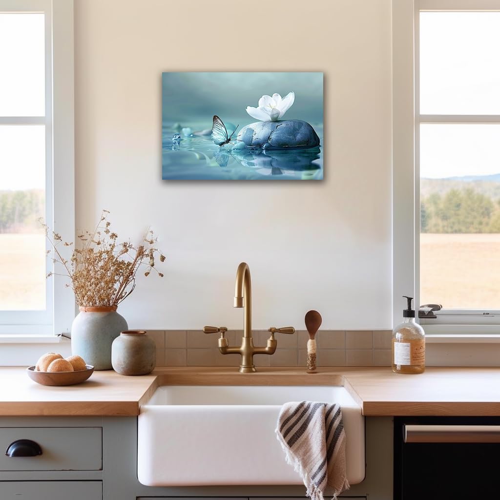 Zen Wall Art White Lotus Flower Canvas Prints for Spa Bathroom Decor (Zen Stones Canvas Frame-21 / 18"L x 12"W)
